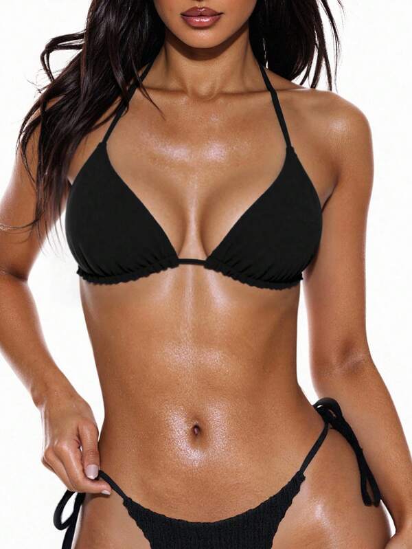 SHEIN Swim Women's Summer Beach Solid Color Halter Tie Sexy Triangle Cup Bikini Top (Removable Bow Tie)