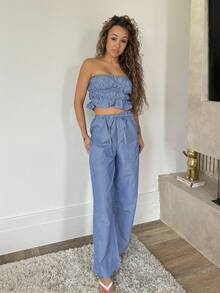 RebeccaVibe 2 件套女士休闲条纹露肩上衣 + 阔腿裤，轻松舒适，修身，春季 - 藍色 - 查看 6