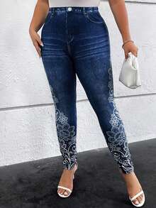 SHEIN Clasi 大碼女士花卉印花打底褲 - 藏蓝色 - 查看 4