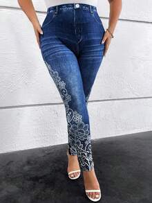 SHEIN Clasi 大碼女士花卉印花打底褲 - 藏蓝色 - 查看 5