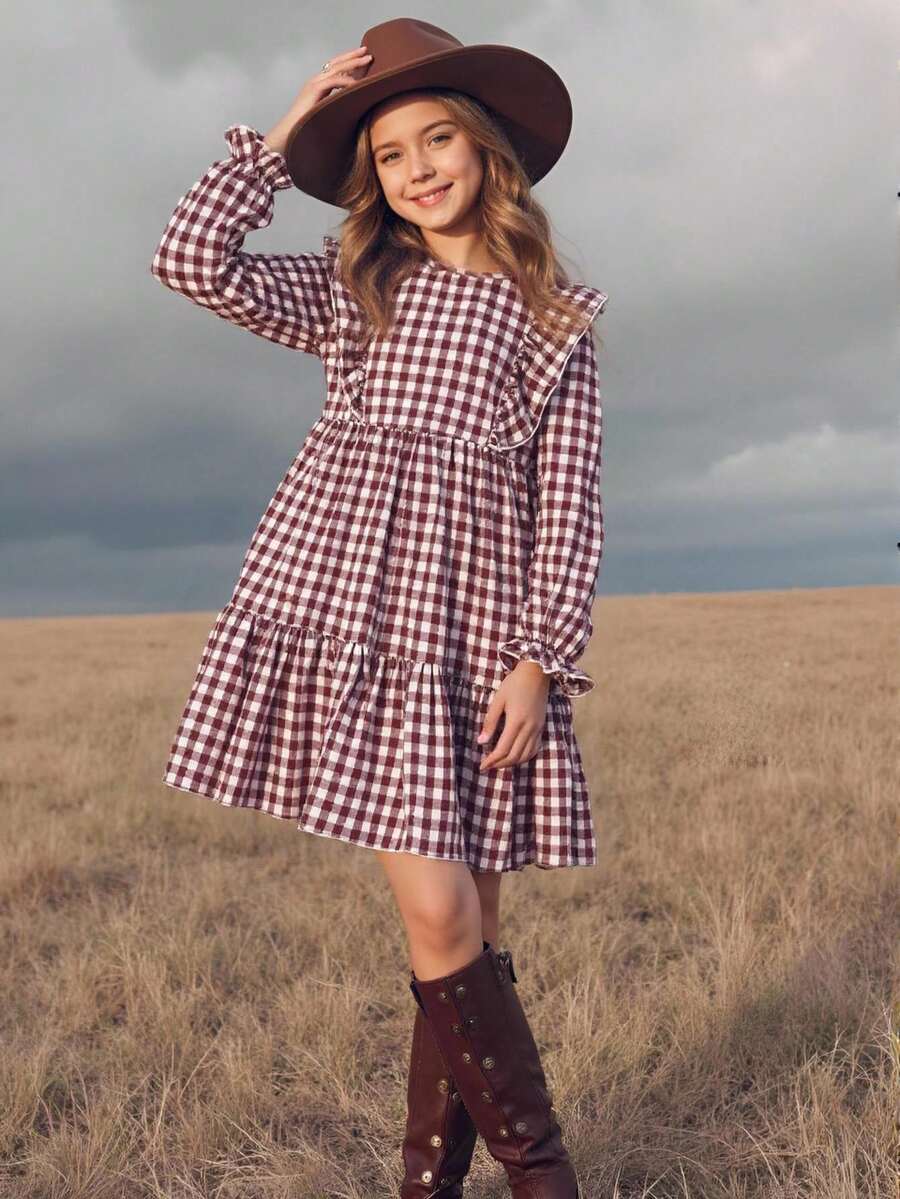 SHEIN 青少年女孩雙胞胎女孩格紋寬鬆可愛休閒格紋圖案 - 紅白色 - 查看 1