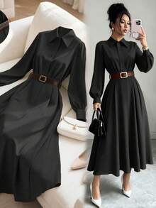 Franclia 宽松女士长连衣裙，带纽扣腰带装饰 - 黑色 - 查看 3