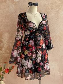 Soleia Váy ngắn tay cánh bướm họa tiết hoa ren viền cỡ lớn dành cho nữ, thích hợp cho kỳ nghỉ, mùa thu/đông - Nhiều màu - Xem 1