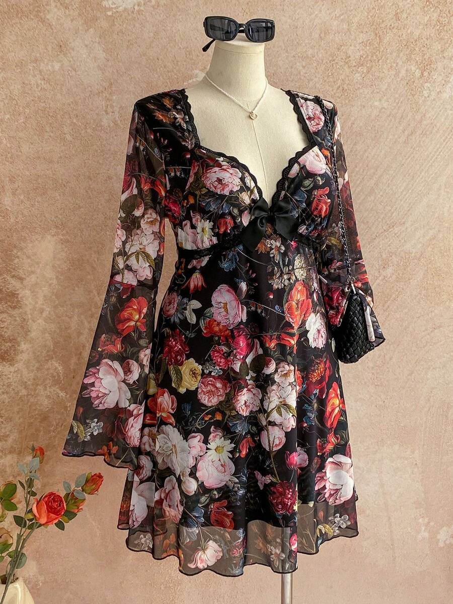 Soleia Váy ngắn tay cánh bướm họa tiết hoa ren viền cỡ lớn dành cho nữ, thích hợp cho kỳ nghỉ, mùa thu/đông - Nhiều màu - Xem 1