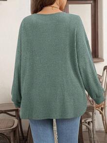 EMERY ROSE Plus Size Women's Solid Color Round Neck Drop Shoulder Casual Ribbed Long Sleeve T-Shirt - Green - View 2