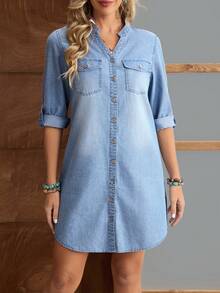 EMERY ROSE 女士浅蓝色休闲弧形下摆前扣牛仔连衣裙