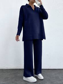 SHEIN PETITE 2pcs/Set Solid Color Turn-Down Collar Sweater And Long Pants Outfit