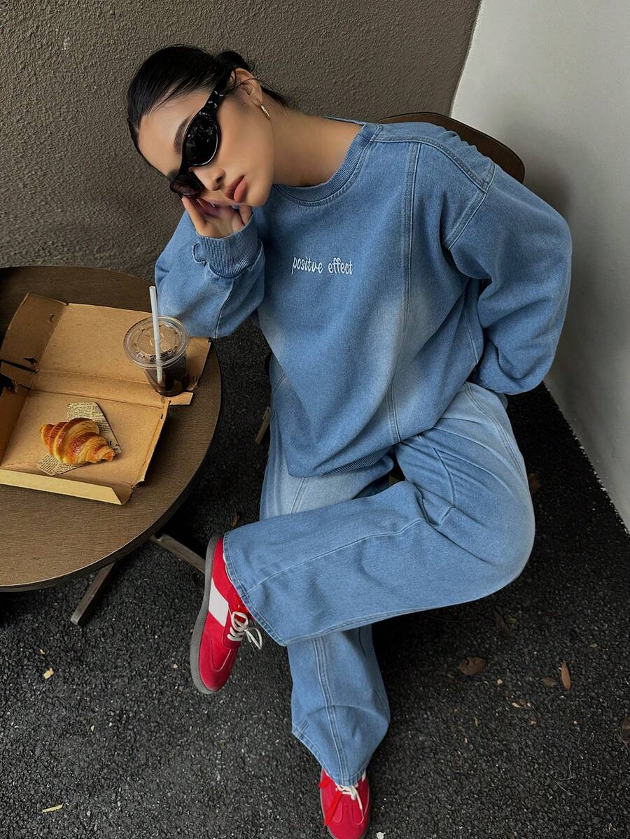 Dazy Plus 2pcs Plus Size Women Light Wash Blue Letter Embroidery Loose Long Sleeve Top And Pants Denim Set, Spring/Autumn - Light Wash - View 1