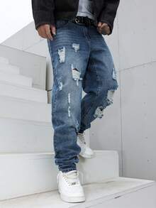 Manfinity LEGND Herren-Jeans in Blau mit Used-Look, schmal geschnitten, verwaschen, lässig-elegant – die perfekte Jeans für Freunde und Ehemänner. - Mittele Waschung - Übersicht 6