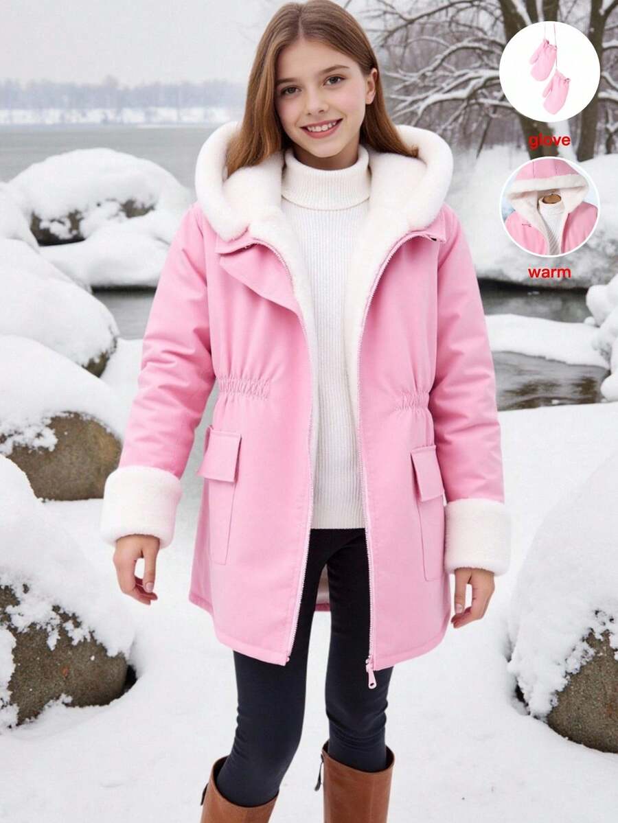 SHEIN Tween 女童休闲百搭日常校园秋冬保暖卡其色人造毛皮衬里拼布黑色棉服外套，配手套 - 粉色 - 查看 1