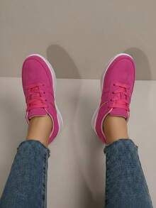 Zapatillas casuales para mujer, plataforma cómoda, punta redonda, cordones clásicos, estilo minimalista, uso diario, zapatos de moda - Rosa - Ver 3