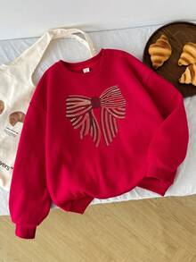 SHEIN 少女休闲优雅可爱圆领套头衫，亮片蝴蝶结刺绣宽松卫衣，保暖加厚红色，适合圣诞节、居家休闲、户外穿着、新年等场合。 - 紅色 - 查看 5