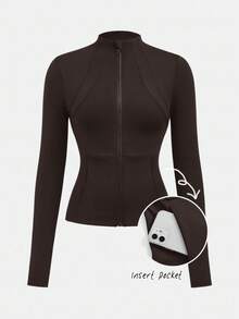 SHEIN Girlism 少女棕色休闲运动轻便拉链外套，修身剪裁，适合跑步、健身、瑜伽，春季、夏季及开学季穿着。 - 棕色 - 查看 3