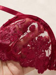 2pcs Sky Blue Embroidered Lace-Up Women's Lingerie Set Boobless Lingerie Set Lace Bra Set Butterfly Lingerie Set Lingerie Set Red Burgundy Lingerie Set - Red - View 4