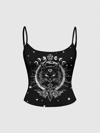 Plus Size Gothic Mysterious Cat Cross Moon Star Vine Print Camisole