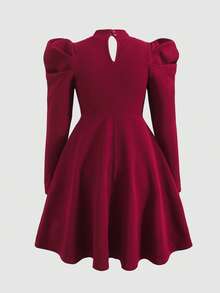 SHEIN Tween Girl Elegant Fitted Stand Collar Pearl Embellished Gigot Sleeve Ruffle Hem Long Sleeve Dress, Wine Red, Suitable For Christmas, New Year, And Everyday Wear, Autumn/Winter - Burgundy - View 4