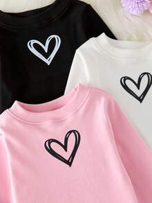 Young Girls Fleece Base Layer 3-Piece Set - Black White Pink Heart Print Long Sleeve Tops Round Neck Slim Fit Scalloped Edge Design Simple Heart Pattern Thick Fleece Warm Fabric Social Media Style Minimalist Healing Autumn Winter Holiday Essential Baby Girls Undershirt Base Layer Set Kids Clothes Girls - Multicolor - View 5