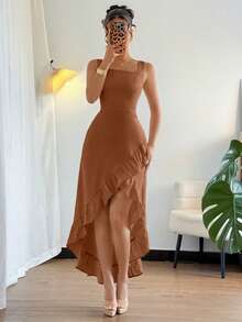 Rafferiza Women's Square Neck Ruffle Hem Asymmetric Dress - Brown - View 5