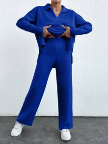 EURMUSE 2pcs/Set Solid Color Turn-Down Collar Sweater And Long Pants Outfit - Royal Blue - View 5