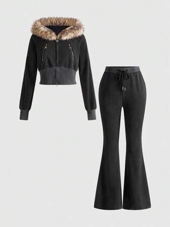 J-Fashion Vintage Reißverschluss-Destroyed Pelz Lässig Zweiteiler für Damen, Herbst/Winter