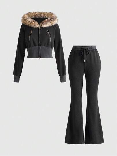 J-Fashion Ensemble décontracté vintage en deux pièces avec fermeture éclair et fourrure délavée, pour l'automne/l'hiver