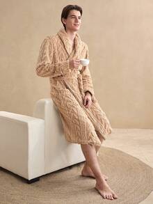 EverLounge Men's Plush Jacquard Shawl Collar Long Sleeve Pocket Belted Robe, Fluffy Winter - Camel - View 7