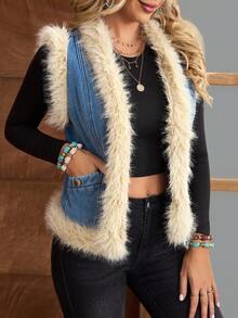 EMERY ROSE Women's Autumn/Winter Faux Fur Patchwork Sleeveless Denim Jacket And Coat - Blue - View 3