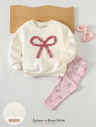 Cozy Pixies 2pcs Baby Girl Bowknot Decor Round Neck Long Sleeve Sweatshirt & Elastic Waist Butterfly Print Pants Set
