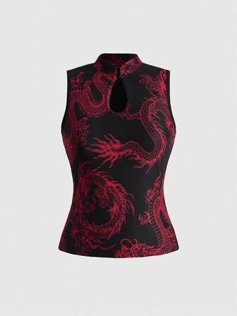 ROMWE Avant Top da donna stile retrò J-FASHION con stampa tigre rossa in stile cinese