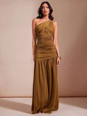 L'Amorae Kvinnors enaxlade maxiklänning med utskuren axel, avslappnad bröllopsgästklädsel för kvälls- och dejtklädsel