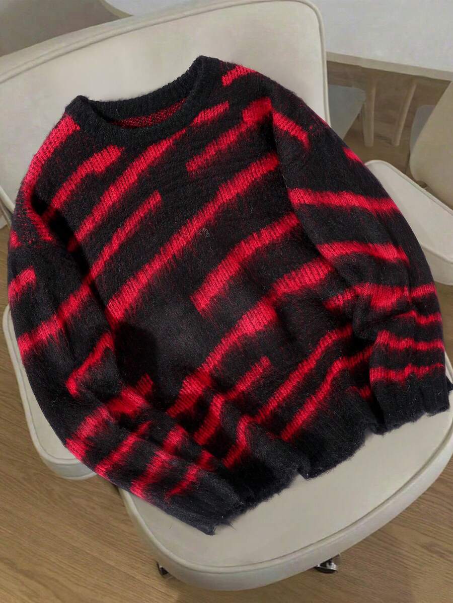 Manfinity Hypemode Men's Fashion Casual Colorblock Striped Crew Neck Sweater Striped Sweater Red Sweater Sweaters Y2k, Long Sleeve Top - Black - View 1