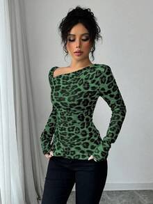 Islaluna Elegant Tight-Fitting Oblique Shoulder Neck Long Sleeve Pleated Shoulder Waist Ruched Brushed Leopard Print Multicolor Women T-Shirt - Multicolor - View 7