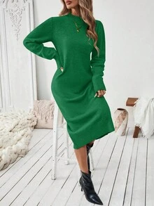 SHEIN LUNE 女士绿色圆领直筒简约针织毛衣连衣裙，百搭 - 綠色 - 查看 3