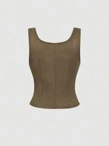 SHEIN MOD 女士时尚朋克风镂空系带棕色上衣 - 軍綠色 - 查看 2