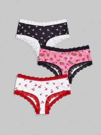Kawaii 3 pièces/Set Sous-vêtements pour femmes avec imprimé fraise et patchwork en dentelle