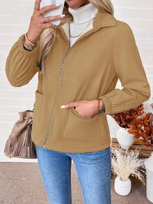 EMERY ROSE 休闲拉链保暖长袖外套，秋冬棕色女式夹克，女士休闲外套，秋季女装，女士西装外套 - 芥末黃 - 查看 5