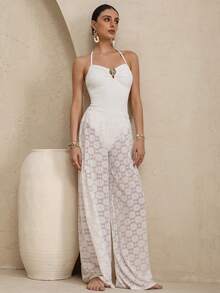 Swim Oasis بدلة سباحة قطعة واحدة مع غطاء بنطلون للنساء، مع حلقة متصلة في الرقبة للاستخدام في العطلات - أبيض - مشاهدة 1