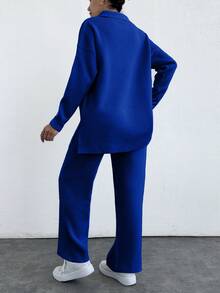 EURMUSE 2pcs/Set Solid Color Turn-Down Collar Sweater And Long Pants Outfit - Royal Blue - View 2