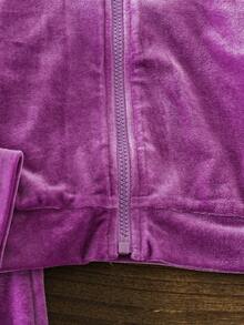 SHEIN 2pcs/Set Young Girl Solid Color Long Sleeve Zip-Up Hoodie And Pants Casual Outfit - Red Violet - View 4
