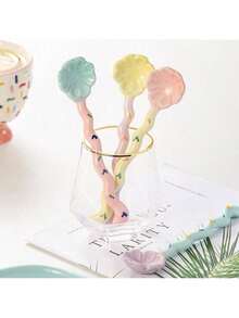 Joivida 1pc Macaron Color Ceramic Long Handle Spoon, Household Dessert Spoon, Stirring Spoon, Coffee Spoon, Ice Cream Spoon, Lovely Floral Shape Christmas Gift,School Supplies - Multicolor - View 7
