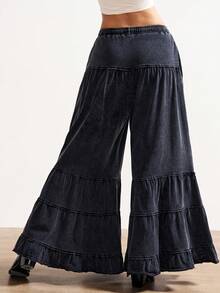 Bohemela Women's Casual Solid Color Knit Loose Wide Leg Washed Pants - Black - View 7