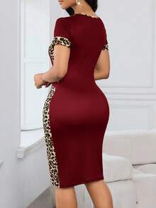 SHEIN Lady 女士优雅通勤豹纹拼接修身中长连衣裙 - 酒紅色 - 查看 2