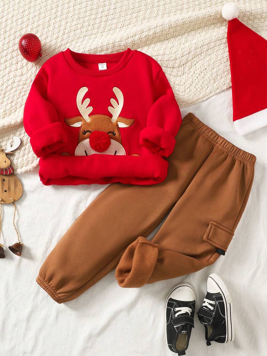 SHEIN 2件套男童休闲可爱卡通小鹿刺绣图案保暖内衬圆领卫衣和抽绳长裤针织套装，适合上学、花园、圣诞节、新年等各种场合，四季皆宜。 - 紅色 - 查看 1