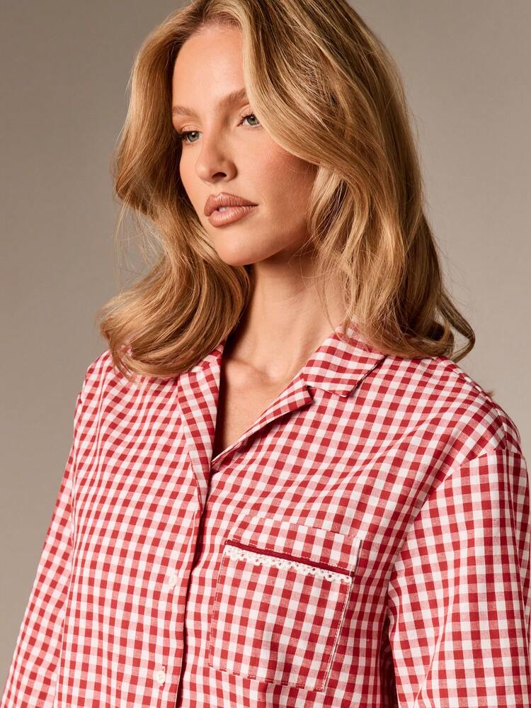 Long Sleeve Gingham Button Front Pajama Set With Ruffle Cuffs