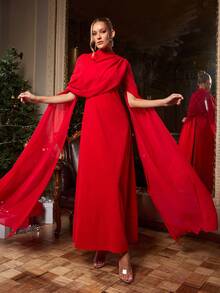 Silquee Đầm dự tiệc dài cổ đứng màu trơn thanh lịch dành cho nữ - Đỏ - Xem 8