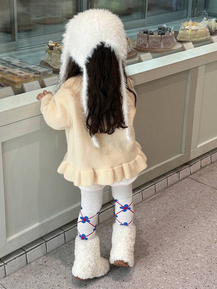 Baby Girl Round Neck Bow Contrast Color Embroidery Long Sleeve Ruffle Cardigan