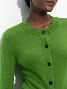 Maija Women's Elegant Solid Green Round Neck Button Front Long Sleeve Casual Pullover Sweater, Versatile For Christmas, Daily Wear, Business Casual - Green - View 7
