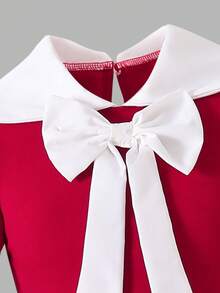 Tween Girl Red And White Elegant Patchwork Dress With Detachable Bow,Pearl Embellishment,Leg-Of-Mutton Sleeve Autumn Clothes Christmas Party Outfits - Red - View 3