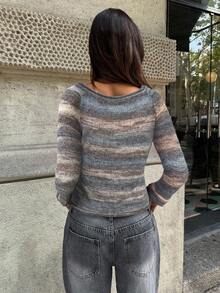 Aloruh Áo len dài tay ôm vừa vặn màu xám nhuộm cổ lọ họa tiết sọc thời trang thu/đông mới cho nữ - Màu be - Xem 2