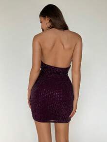 Aloruh 深紫色水钻装饰派对迷你紧身连衣裙 - 中紫紅色 - 查看 3